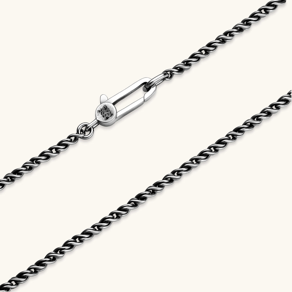 Oxidized 925 sterling silver rope chain necklace, 2.1mm width, carabiner clasp with brand stamp, on cream background.