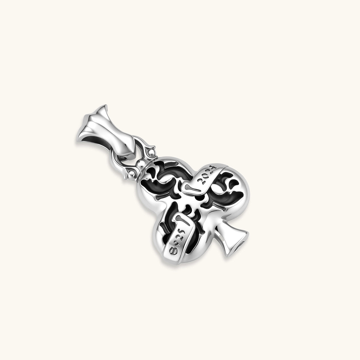 925 sterling silver club-suit pendant with black filigree inlay and TRICLUS banner, 40mm, on a box chain.