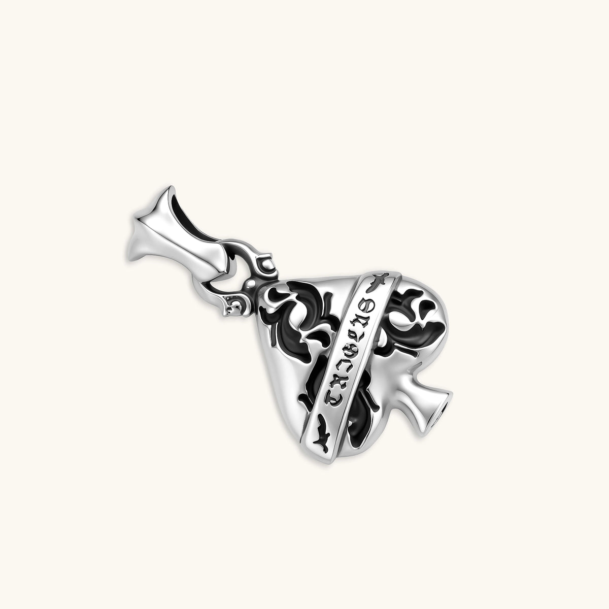 925 sterling silver ace-of-spades pendant with oxidized floral engraving, gothic banner script, on a box chain.
