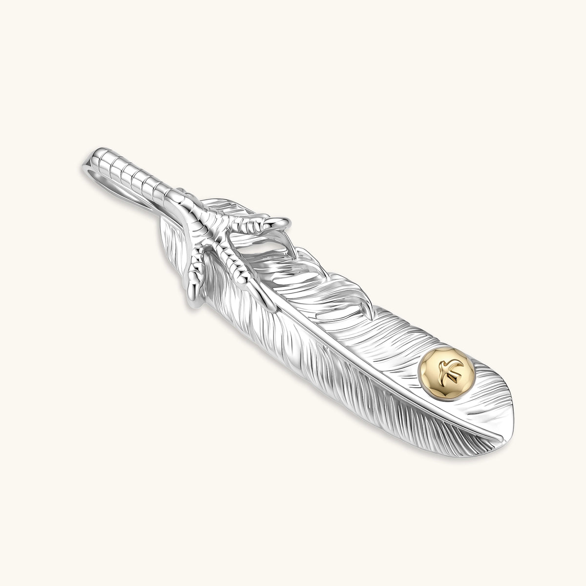 Sterling silver feather pendant with engraved quill texture, gold-tone rivet detail, talon wrap accent, on a box chain.