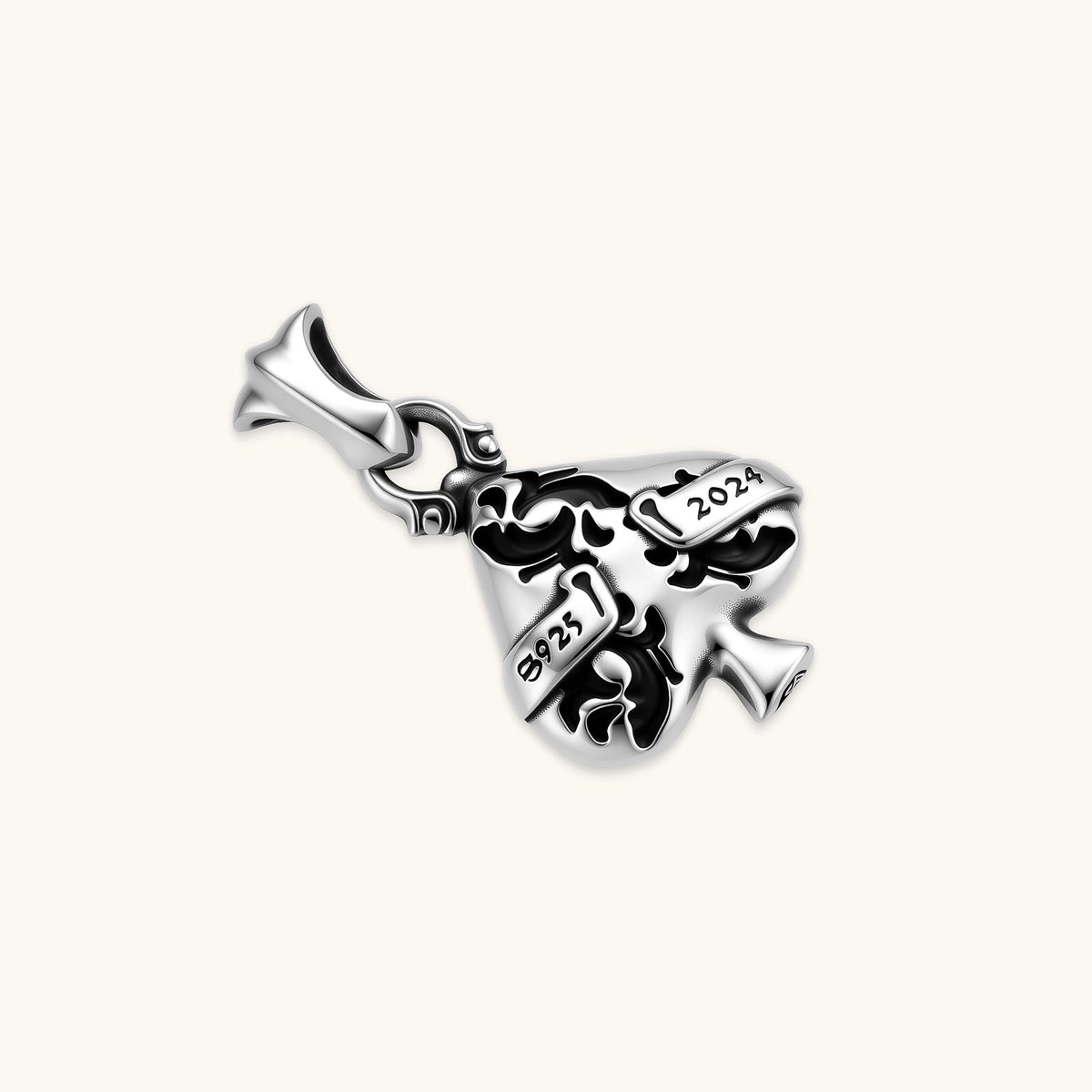 925 sterling silver ace-of-spades pendant with oxidized floral engraving, gothic banner script, on a box chain.