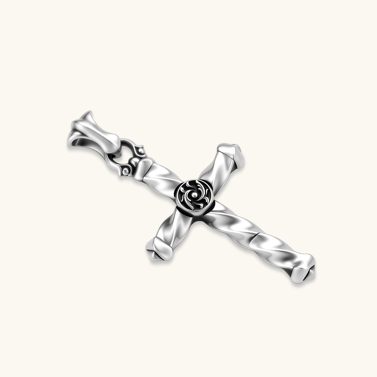 925 sterling silver twisted cross pendant with black enamel sun motif center, on a box chain, cream background.