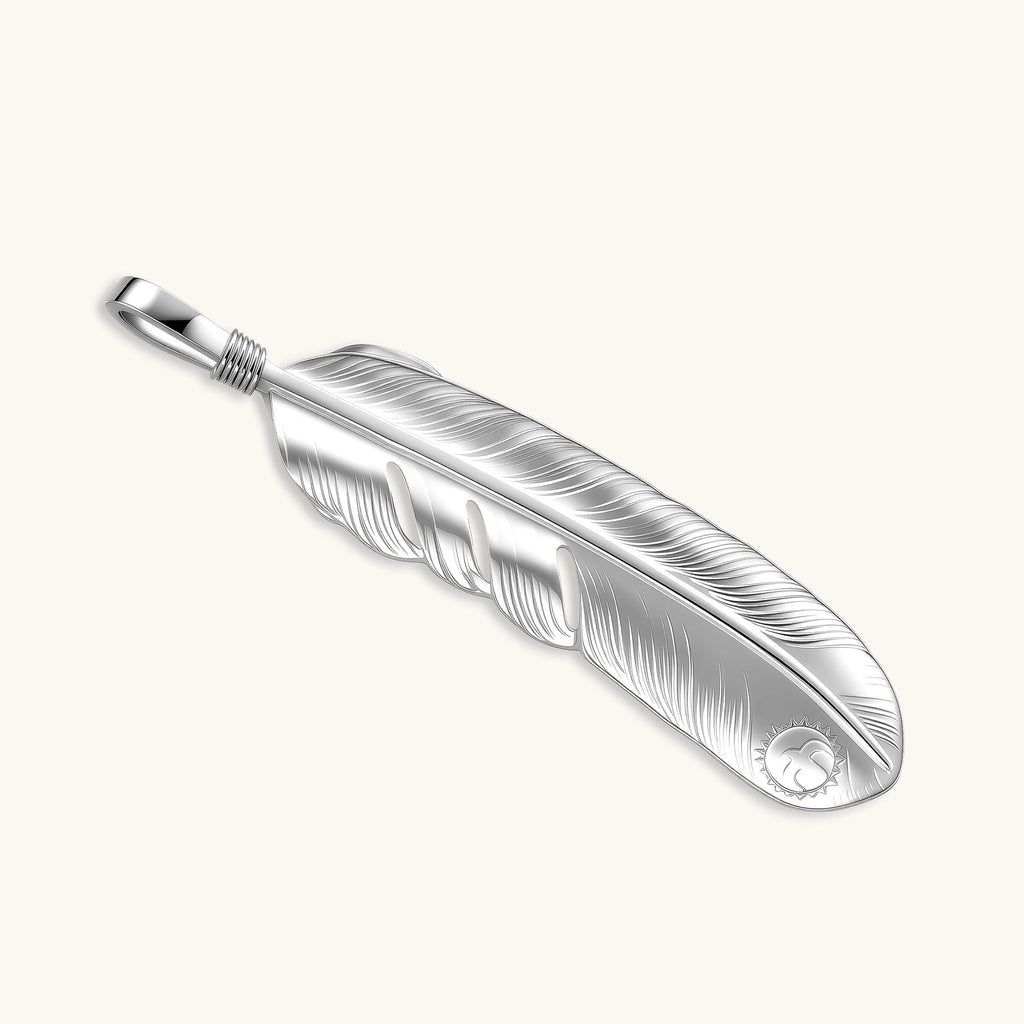 Sterling silver feather pendant with gold-tone base and oval turquoise cabochon, detailed quill engraving, 67mm length.