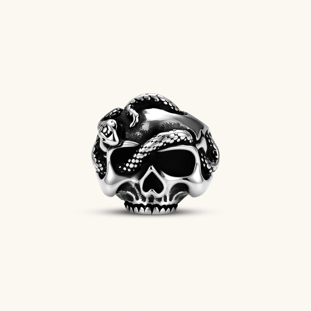Silver stainless steel ring with bold skull face and coiled snake wrapping the crown, blackened recessed details.