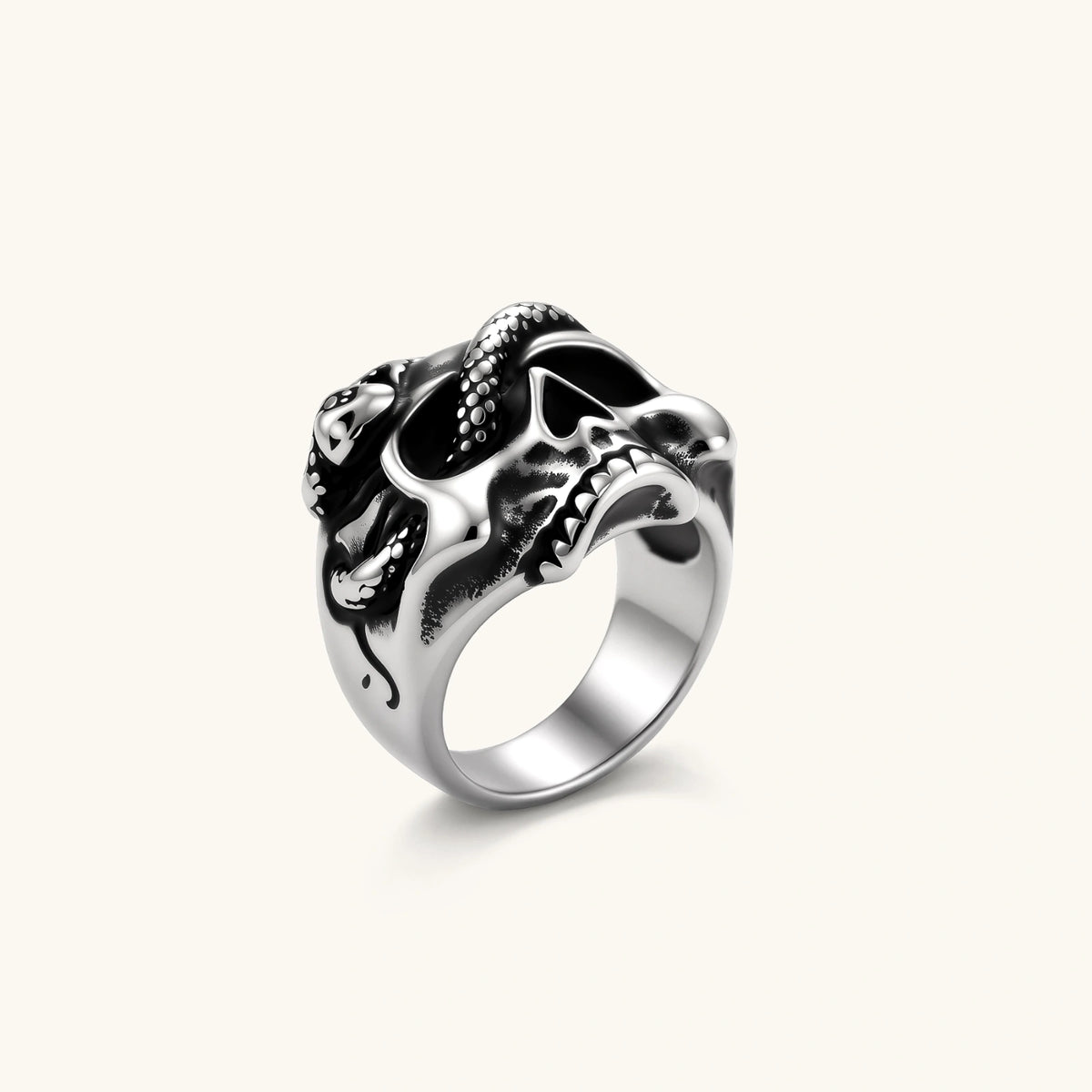 Silver stainless steel ring with bold skull face and coiled snake wrapping the crown, blackened recessed details.