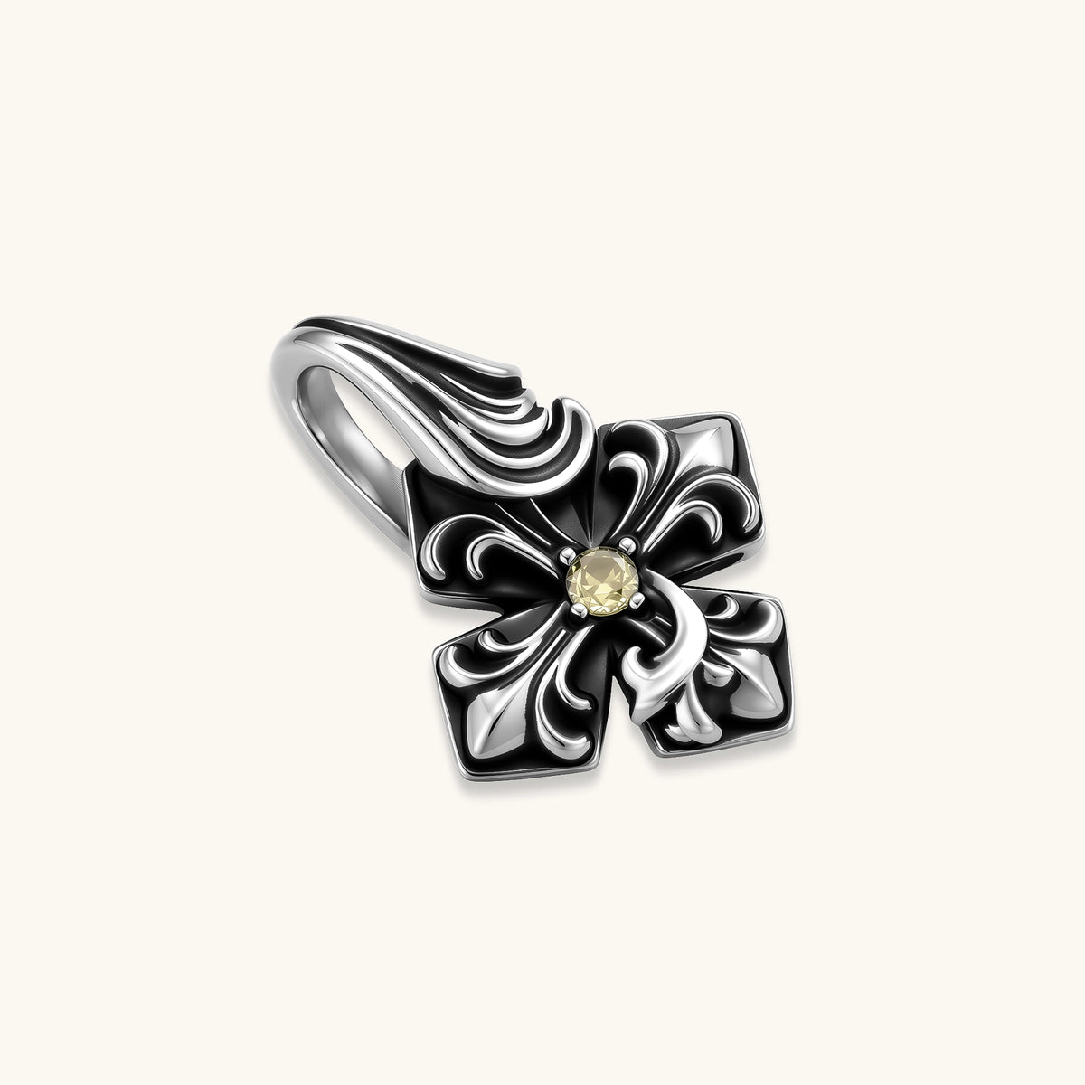 Sterling silver oxidized fleur-de-lis cross pendant with yellow gemstone center on a box chain, 36mm drop.
