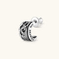 925 sterling silver hoop stud earring with dark baroque scroll engravings and gothic lettering, screw-back post.