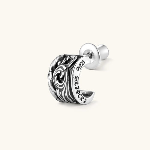 925 sterling silver hoop stud earring with dark baroque scroll engravings and gothic lettering, screw-back post.