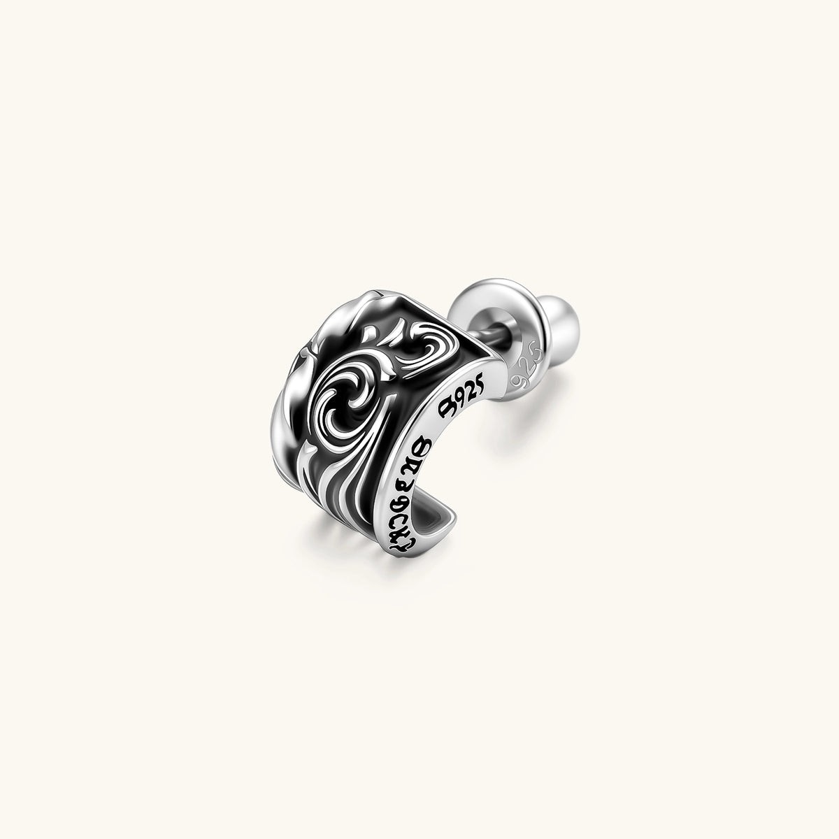 925 sterling silver hoop stud earring with dark baroque scroll engravings and gothic lettering, screw-back post.
