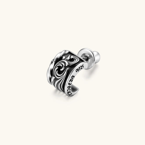 925 sterling silver hoop stud earring with dark baroque scroll engravings and gothic lettering, screw-back post.