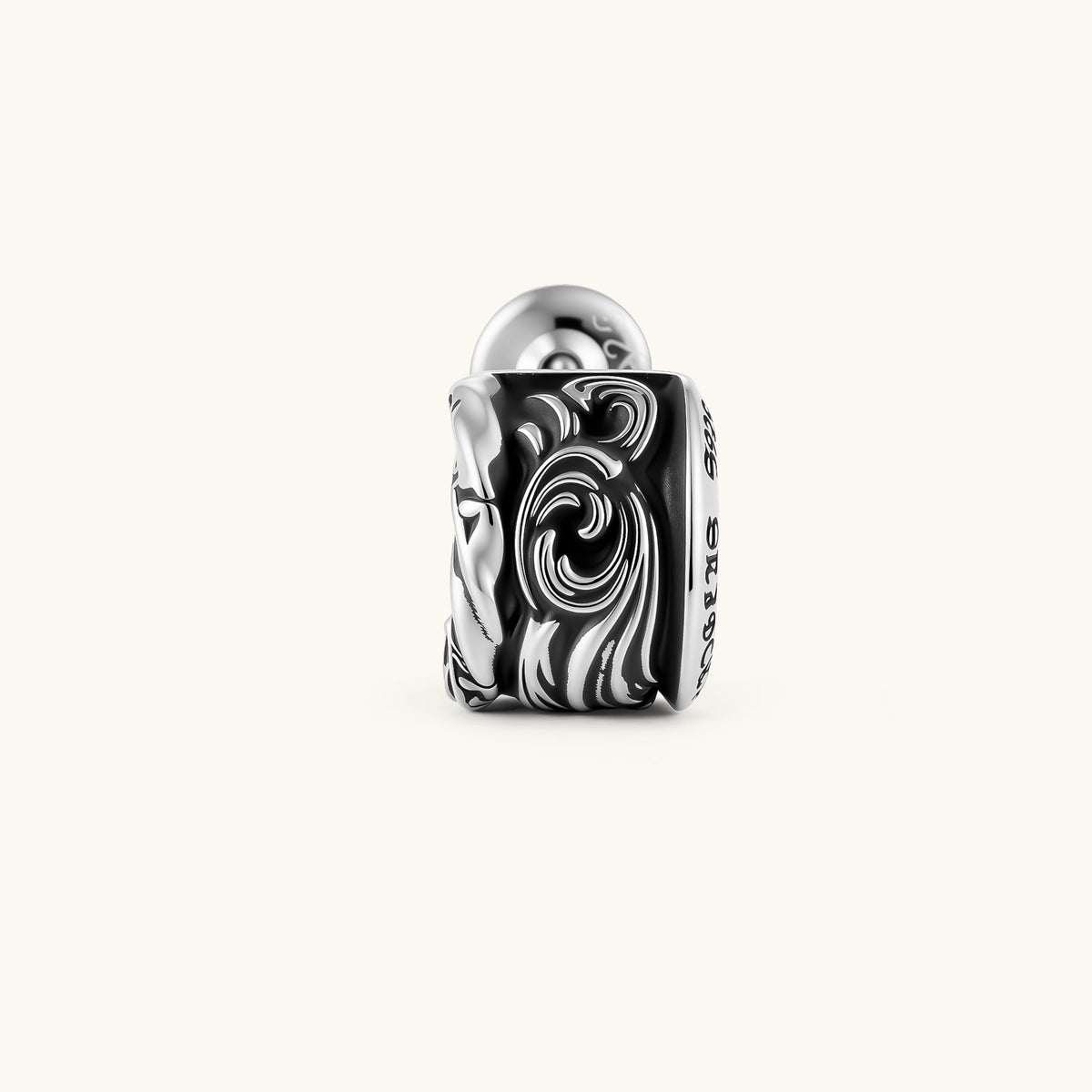 925 sterling silver hoop stud earring with dark baroque scroll engravings and gothic lettering, screw-back post.