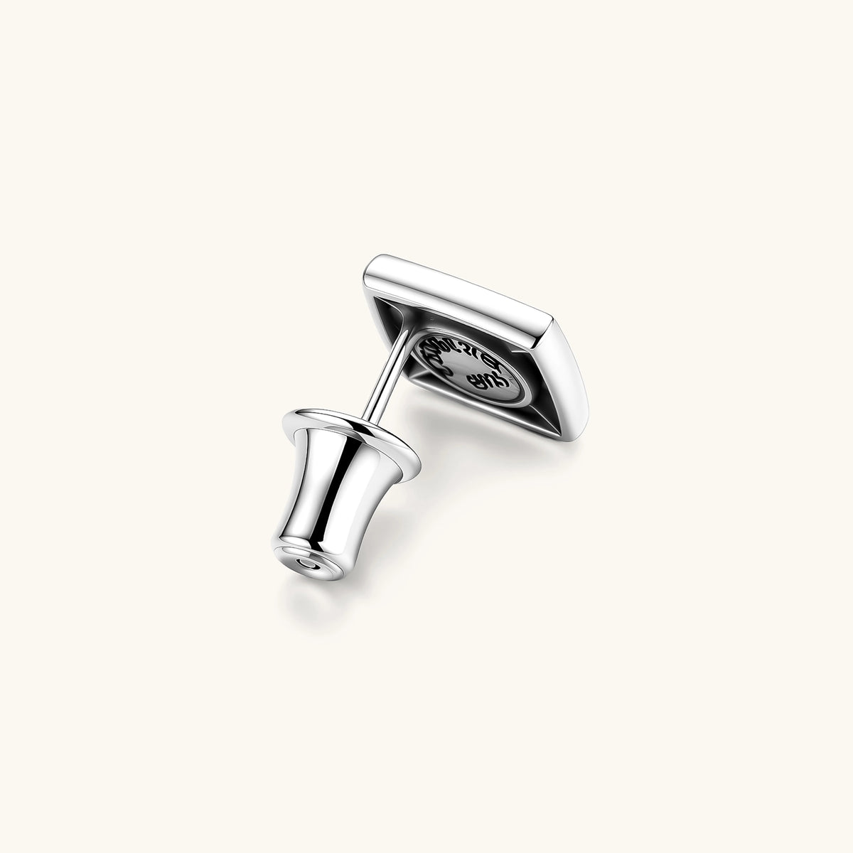 925 sterling silver square stud earring with oxidized black finish, swirling eye motif, and compass spike corners. 9.1mm.
