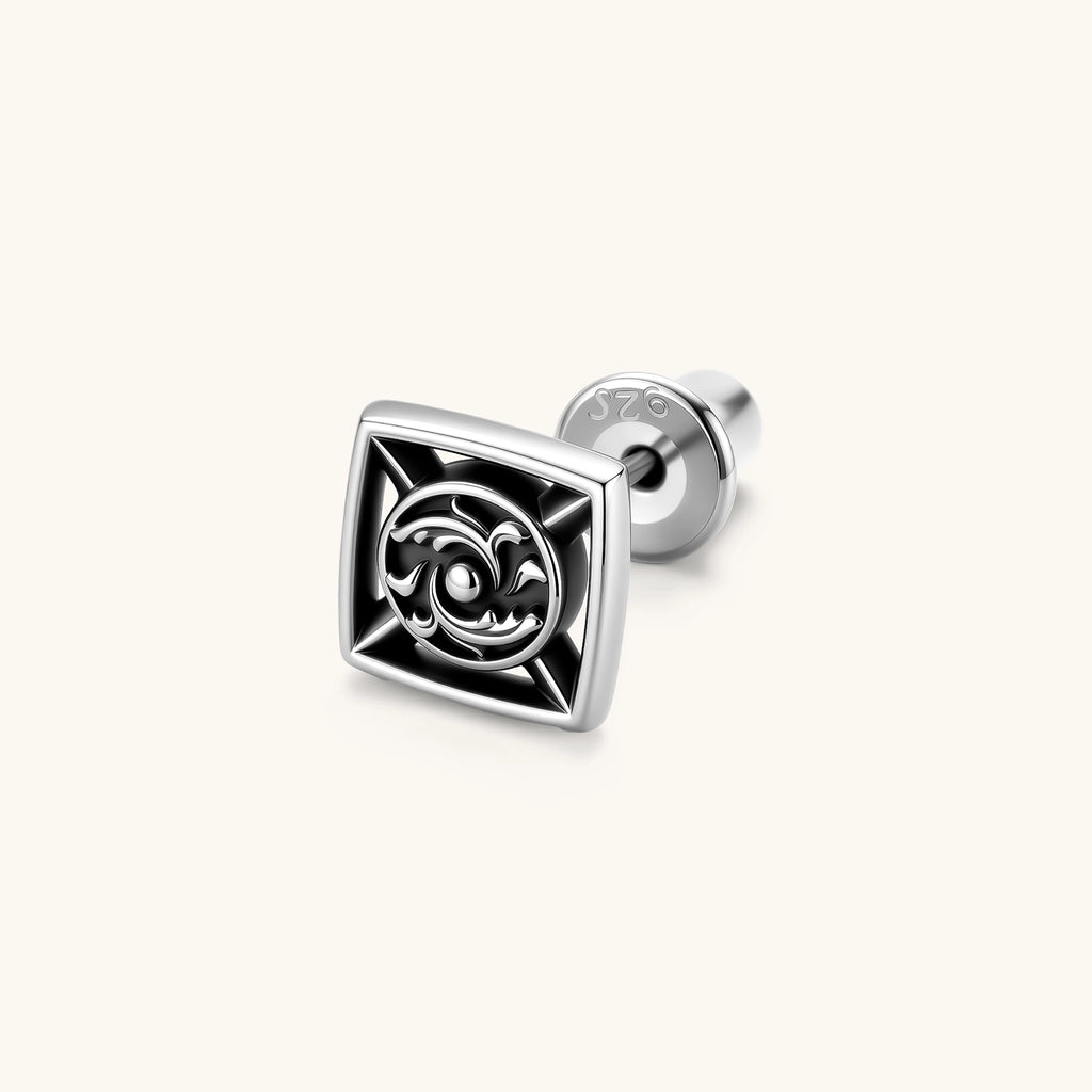 925 sterling silver square stud earring with oxidized black finish, swirling eye motif, and compass spike corners. 9.1mm.