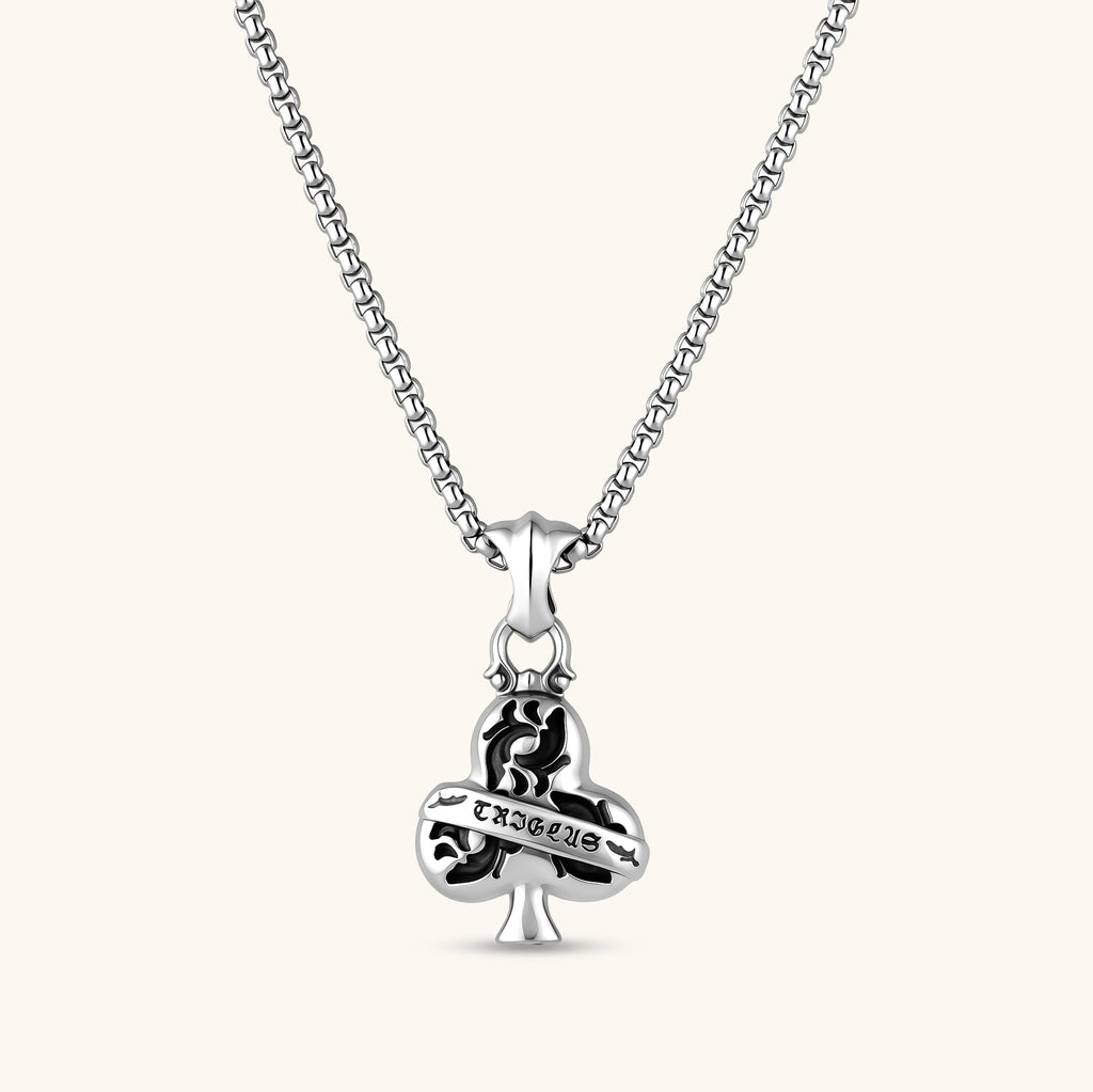 925 sterling silver club-suit pendant with black filigree inlay and TRICLUS banner, 40mm, on a box chain.