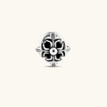 Front view of a 925 sterling silver gothic floral stud earring with oxidized petal detailing and a central dome bead.