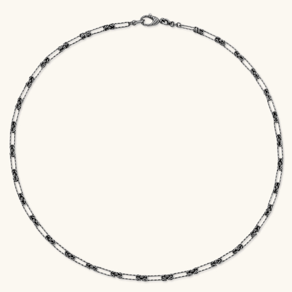 Oxidized 925 sterling silver necklace with alternating Byzantine knot links and elongated rectangular links, 550mm.