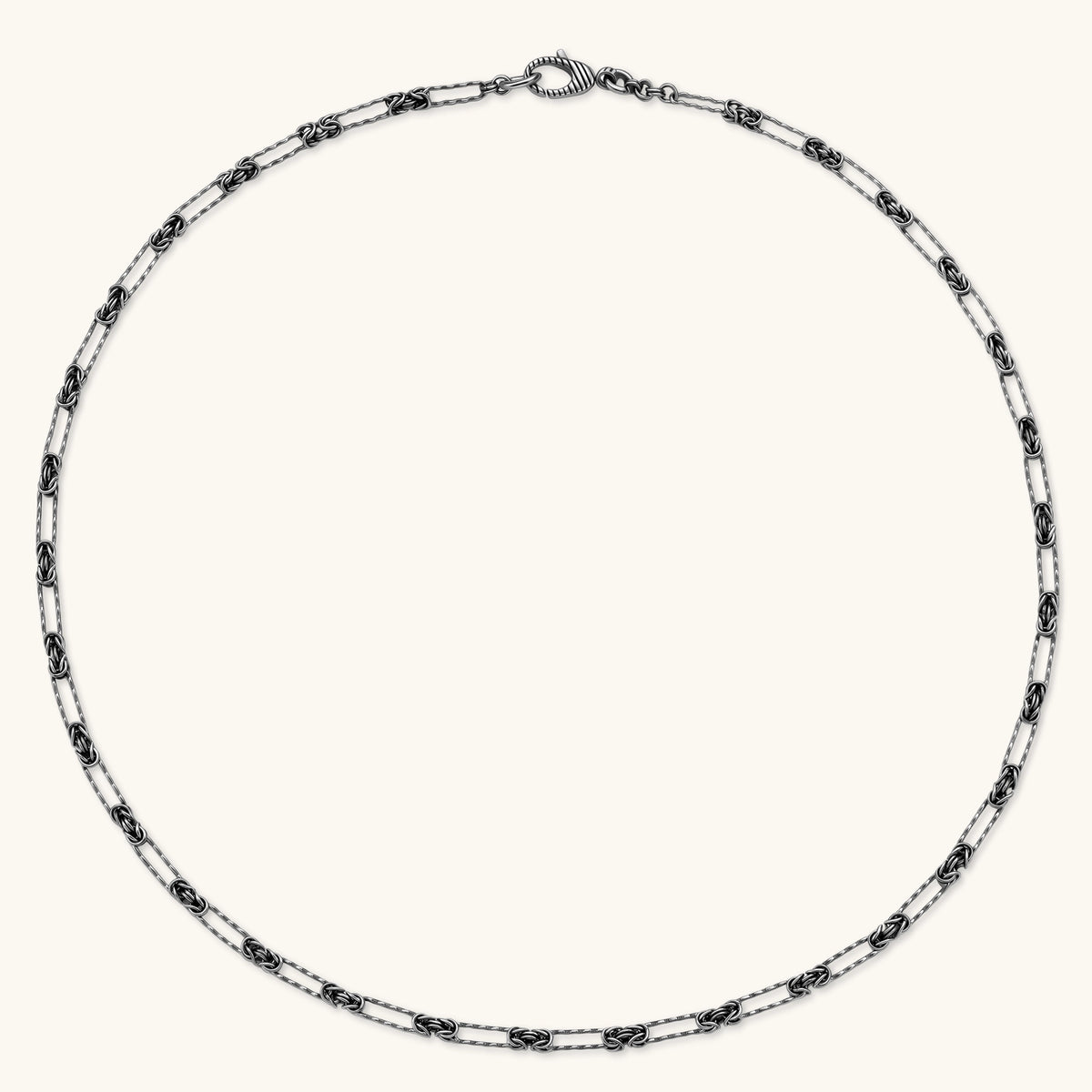 Oxidized 925 sterling silver necklace with alternating Byzantine knot links and elongated rectangular links, 550mm.