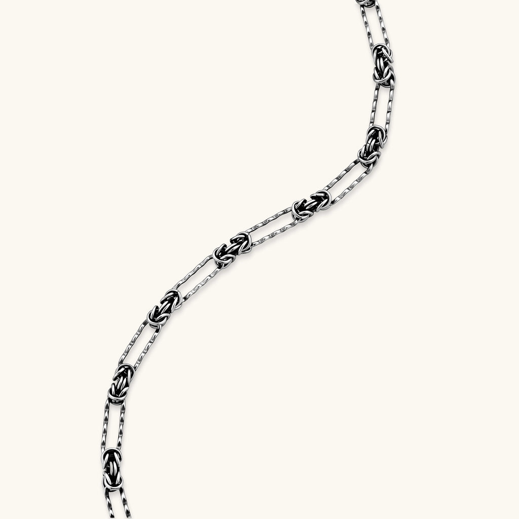 Oxidized 925 sterling silver necklace with alternating Byzantine knot links and elongated rectangular links, 550mm.