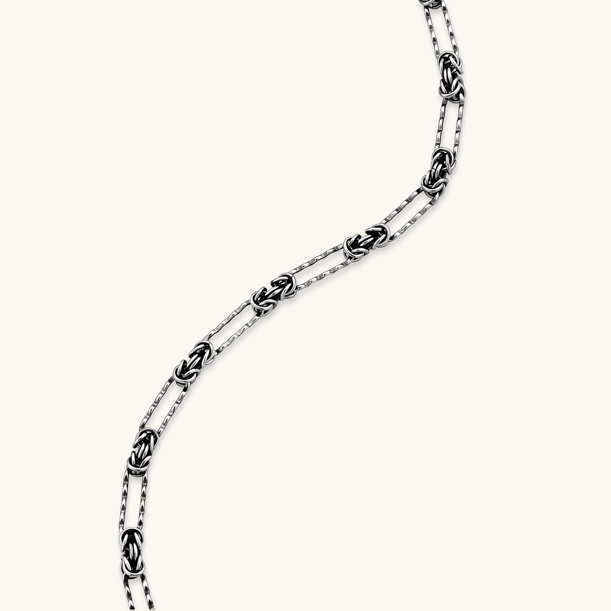 Oxidized 925 sterling silver necklace with alternating Byzantine knot links and elongated rectangular links, 550mm.