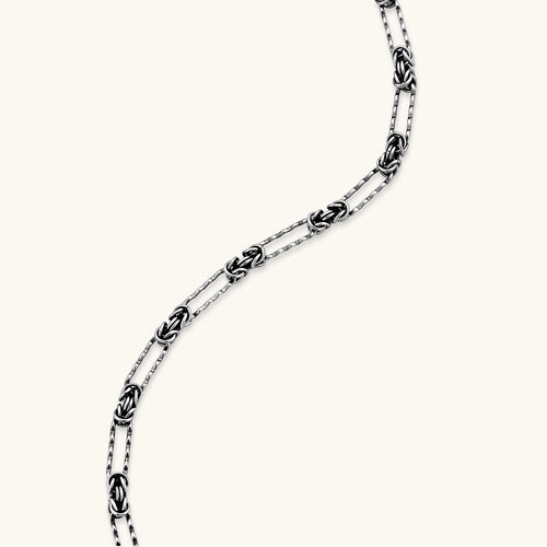 Oxidized 925 sterling silver necklace with alternating Byzantine knot links and elongated rectangular links, 550mm.