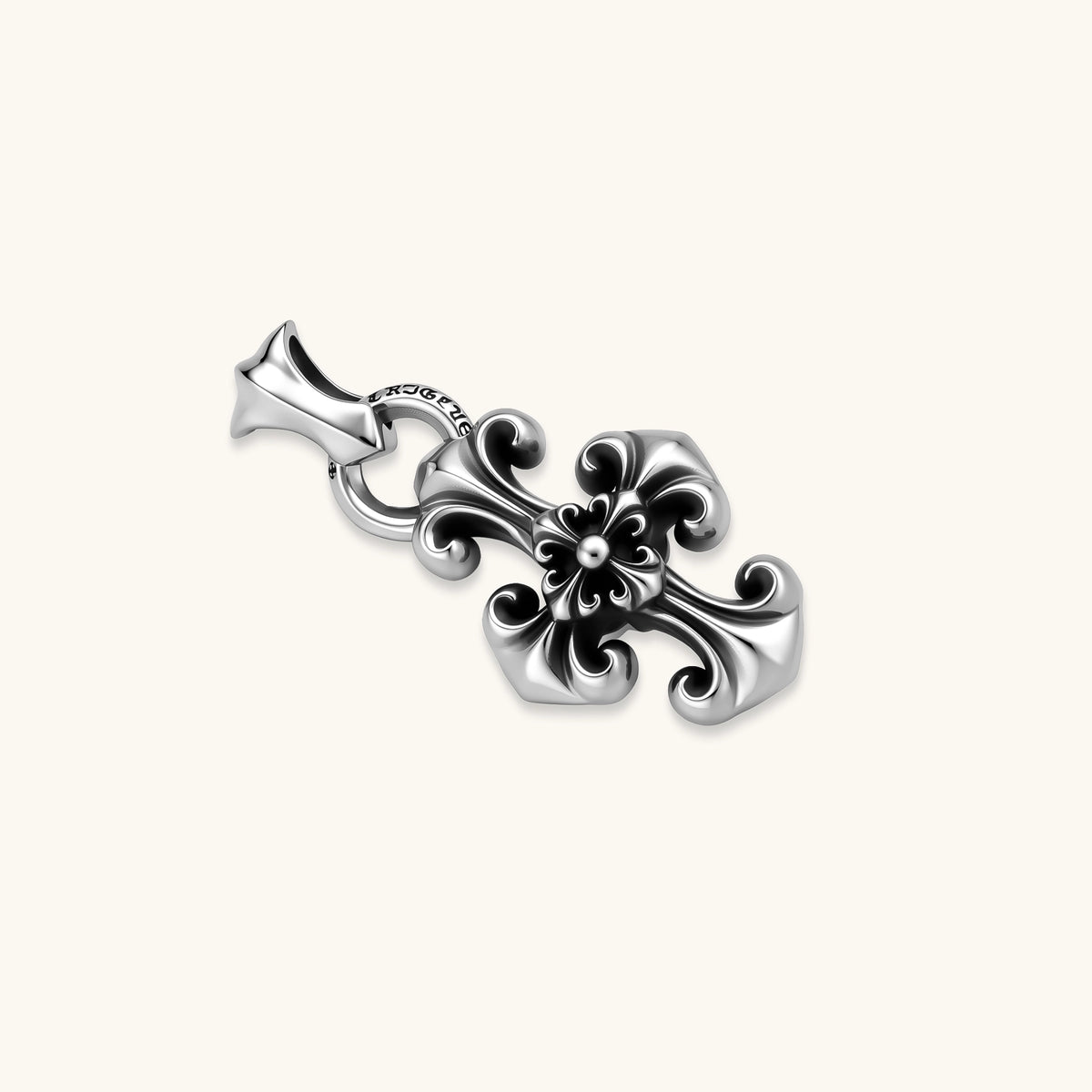 Sterling silver baroque floral cross pendant on a box chain, with oxidized black scrollwork detailing, 45mm length.