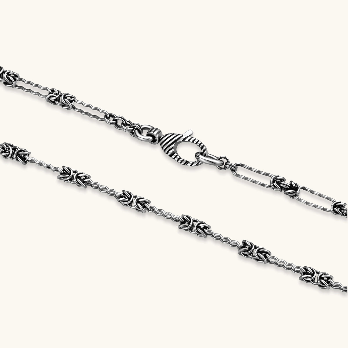 Oxidized 925 sterling silver necklace with alternating Byzantine knot links and elongated rectangular links, 550mm.