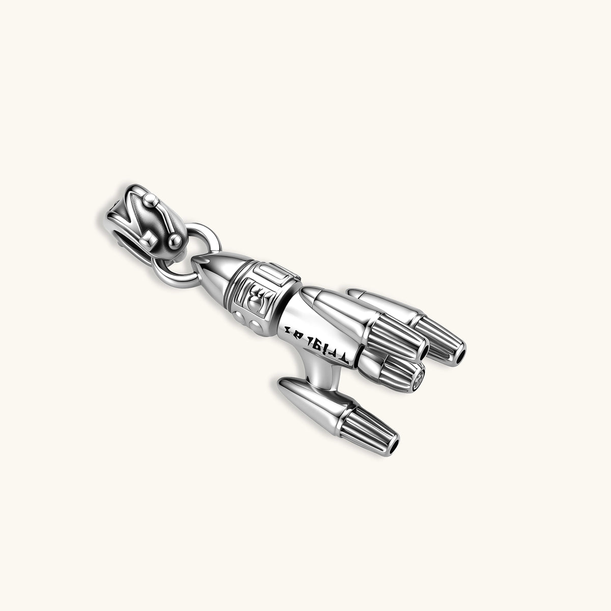 925 sterling silver rocket pendant with bullet-tip nose cone, ribbed boosters, and three fins on a box chain.