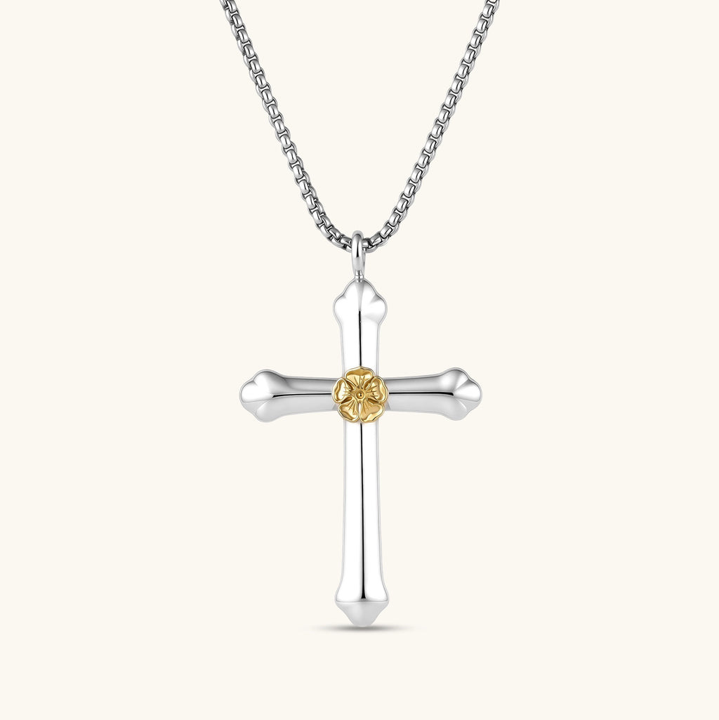 Sterling silver cross pendant with gold Luther rose center detail on a box chain, 71mm length, white background.
