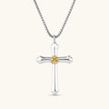 Sterling silver cross pendant with gold Luther rose center detail on a box chain, 71mm length, white background.