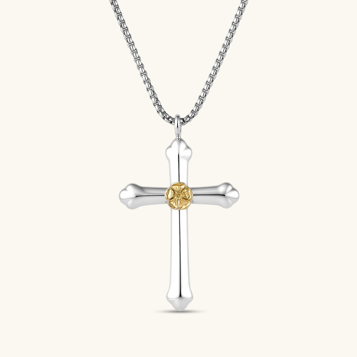 Sterling silver cross pendant with gold Luther rose center detail on a box chain, 71mm length, white background.