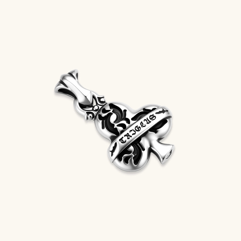 925 sterling silver club-suit pendant with black filigree inlay and TRICLUS banner, 40mm, on a box chain.