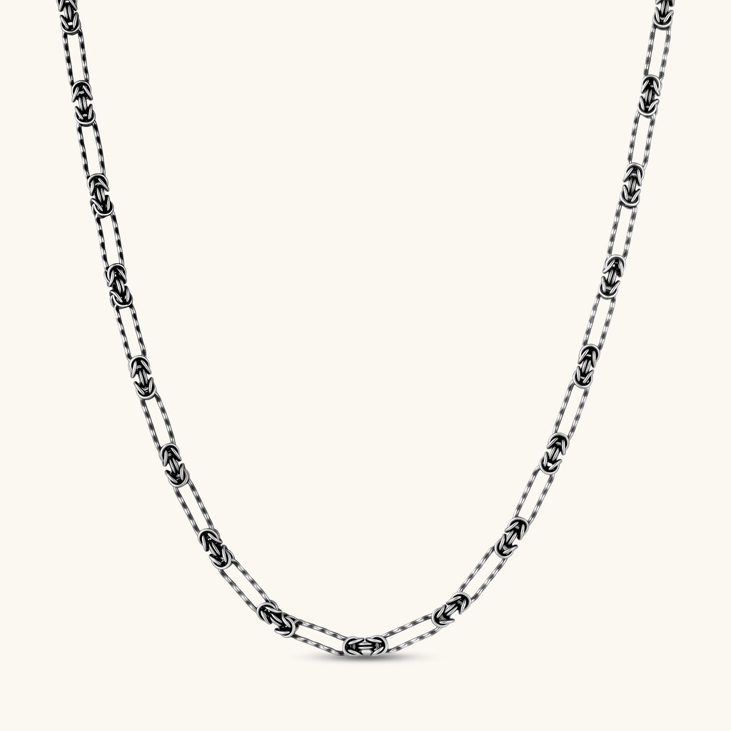 Oxidized 925 sterling silver necklace with alternating Byzantine knot links and elongated rectangular links, 550mm.