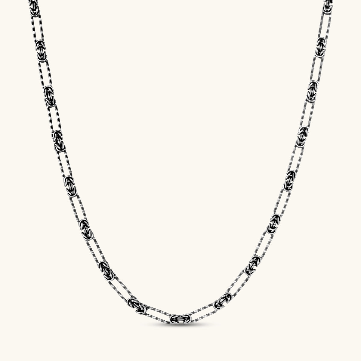 Oxidized 925 sterling silver necklace with alternating Byzantine knot links and elongated rectangular links, 550mm.