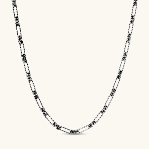 Oxidized 925 sterling silver necklace with alternating Byzantine knot links and elongated rectangular links, 550mm.