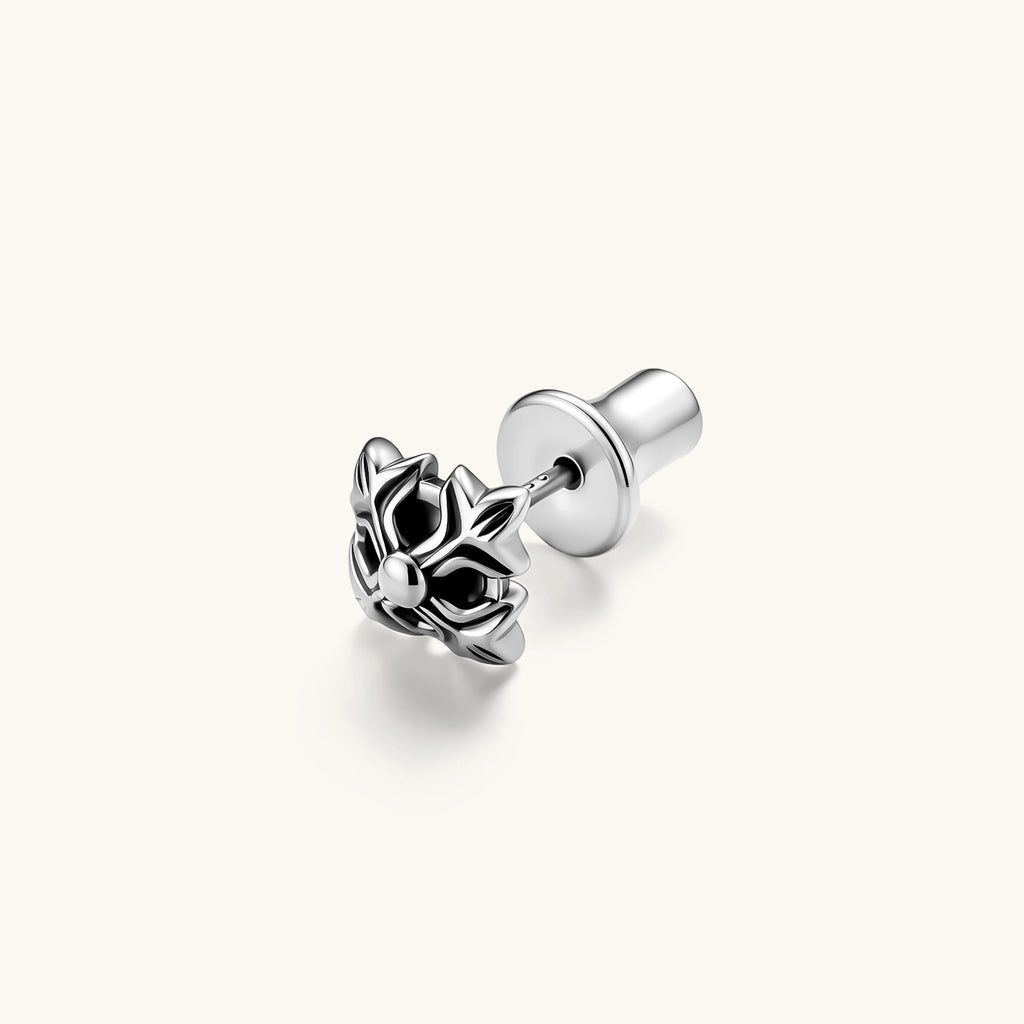 Front view of a 925 sterling silver gothic floral stud earring with oxidized petal detailing and a central dome bead.